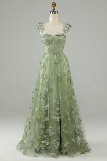 Green Corset Long Tulle Ball Dress with 3D Butterflies